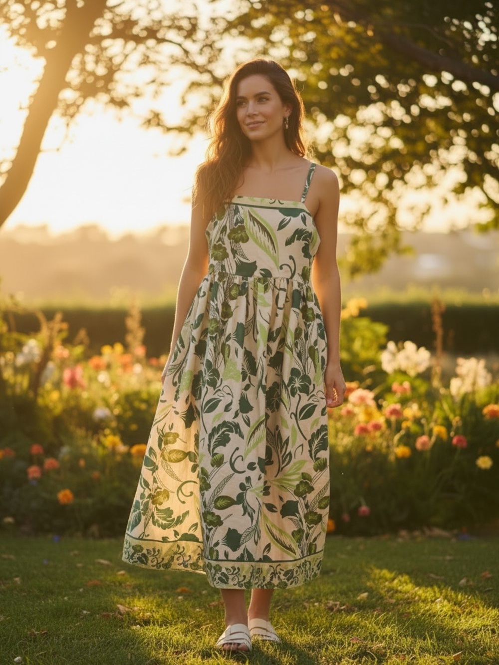 Us Together Green and Beige Tropical Print Maxi Dress Size XL